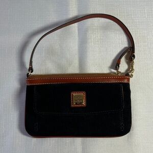 Dooney & Bourke Suede Pocket Wristlet Clutch navy blue with brown leather trim